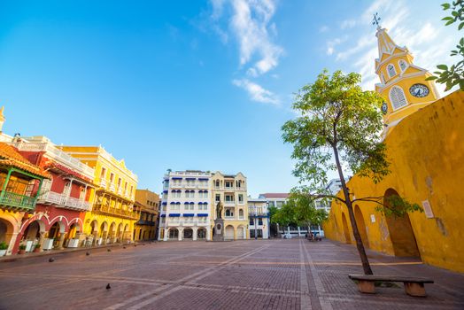 Plaza next to the clock tower gate in the heart of the old town of Cartagena, Colombia