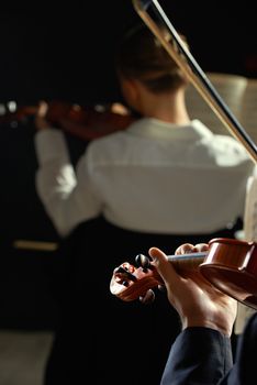 Violinists playing at the concert, rear view