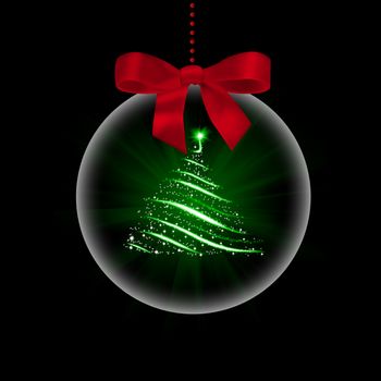 Christmas tree in transparent ball. Black background