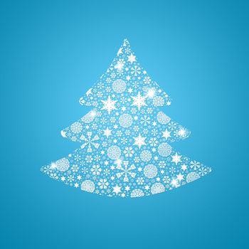 Silhouette of a Christmas tree filled with snowflakes. Christmas card