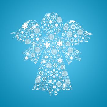 Angel silhouette filled with snowflakes. Christmas card