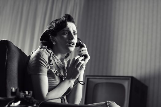 Shocked Woman talking on phone, vintage image