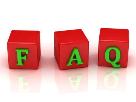 FAQ inscription green letters on bright red cubes