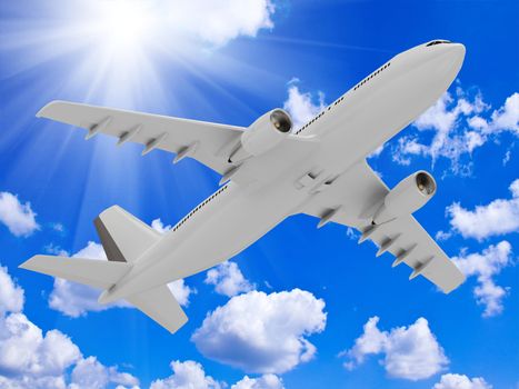 White passenger airliner rises into the sky with sun and white clouds
