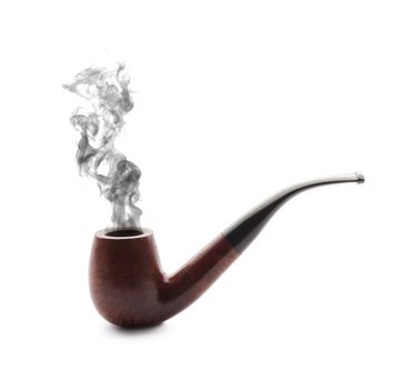 Smoking pipe with smoke on white background
