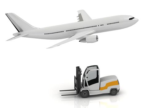 White passenger airliner and forklift isolated on a white background. Side view