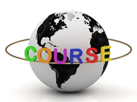 Course colored letters on a gold ring around the earth