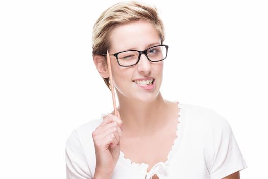 cute woman thinking with a pencil on white background