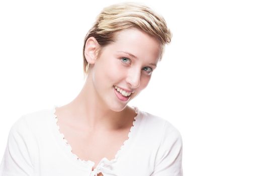 portrait of happy blonde woman on white background