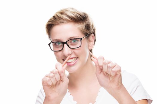 blonde woman wearing glasses has broken her pencil on white background