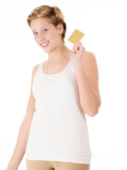 happy blonde young woman with a golden credit card on white background