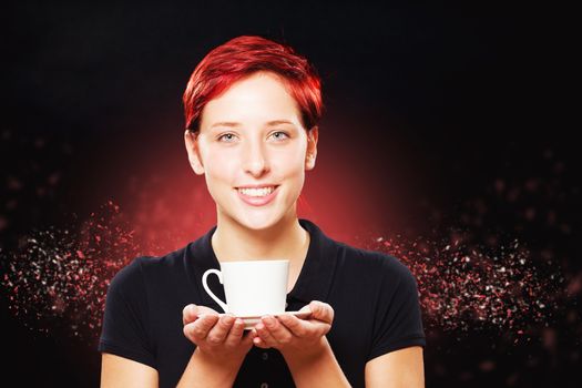 happy redhead woman holding a white cup of coffee with both hands
