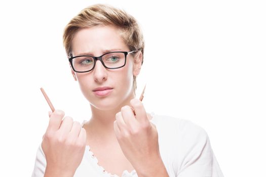 blonde woman is sad about her broken pencil on white background