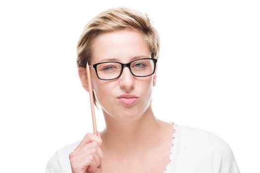 woman is thinking with a pencil scratching her head on white background