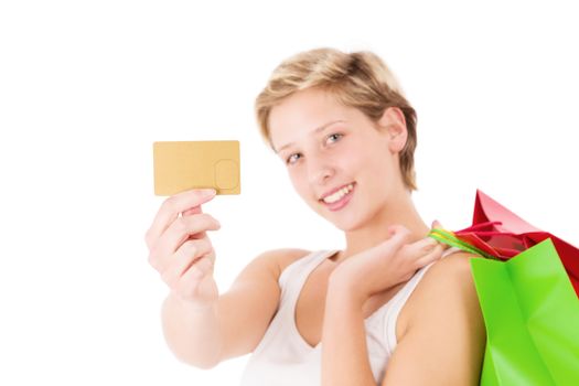 blonde smiling woman showing her golden credit card on white background