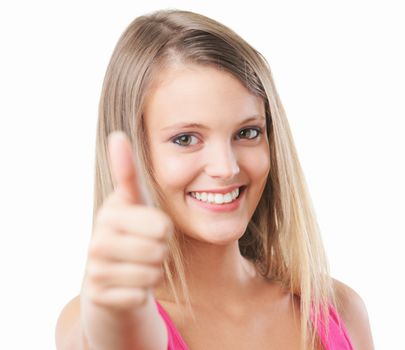 Happy, blonde girl, smiling while giving the thumbs up gesture