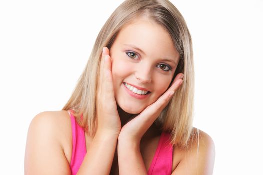 Positive, blonde girl smiling on a white background 