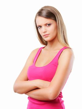 Beautiful girl folding her arms on a white background 