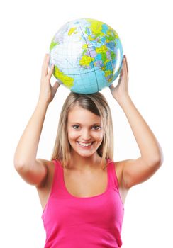 Portrait of a happy blonde girl  holding a world globe against white background 