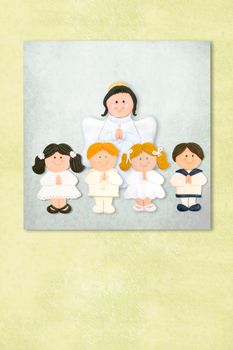 Cute Angel and childrens celebrating first communion invitation card, Background with copy space.