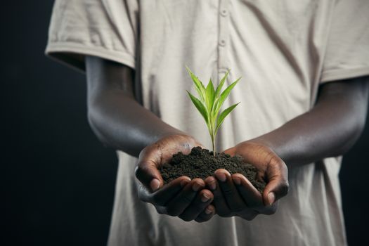 African boy with seedling in his hands