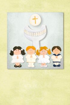 childrens and chalice celebrating first communion invitation card, Background with copy space.