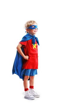 A young boy dreams of becoming a superhero, white background