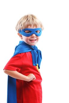 Portrait of a young superhero on white background
