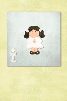 brown girl celebrating first communion invitation card, Background with copy space.