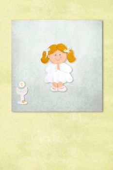 blonde girl celebrating first communion invitation card, Background with copy space.