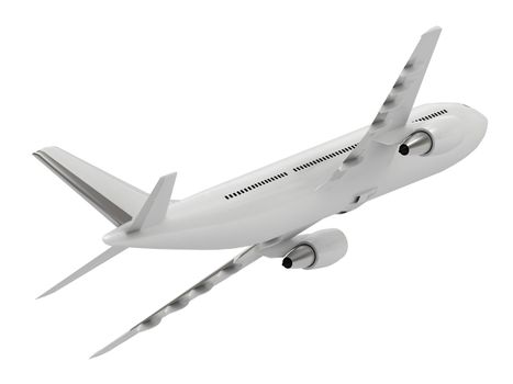 White passenger airliner leaves to the left and climb on a white background