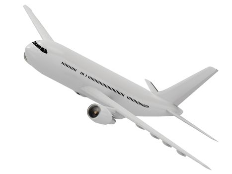 White passenger airliner flies in the sky. View isolated on white