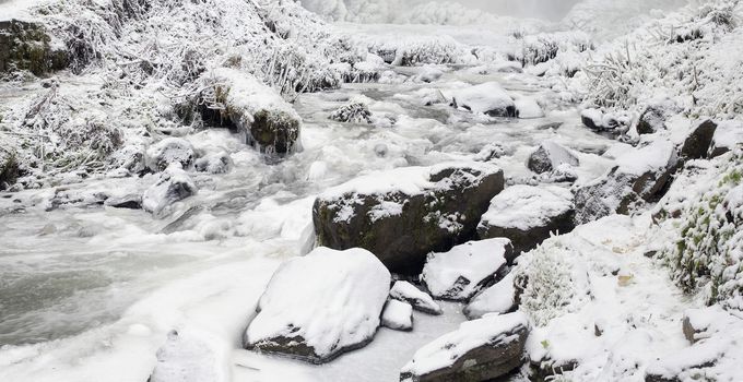Latourell Falls Creek at Columbia River Gorge Oregon with Icicles and Flowing Stream Frozen in Winter Season Panorama