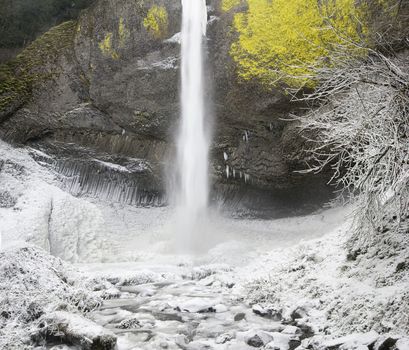 Latourell Falls at Columbia River Gorge Oregon with Icicles and Flowing Stream Frozen in Winter Season