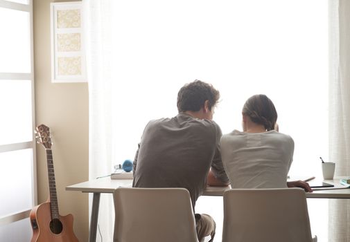 Teen boy and girl sitting together and studying at home