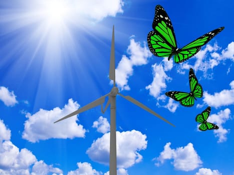 Rotating wind turbine and green butterflies on a bright sunny sky with clouds