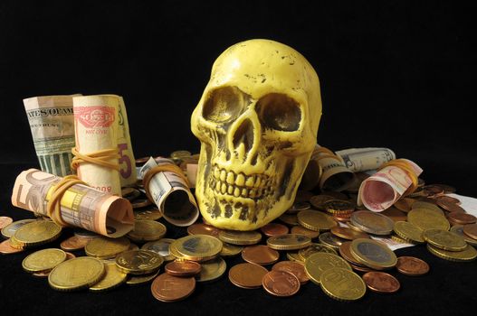 Death and Money Concept Skull with Currency over a Black Background