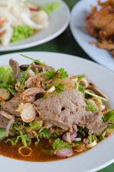 close up spicy sliced liver salad, is a Thai style cuisine