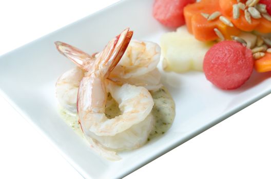 summer salad with boiled shrimp and mixed fruits