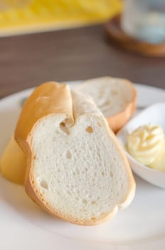 close up  slice of bread on white dish with delicious cheese