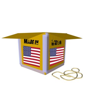 Open cardboard box, 3D render with USA flag