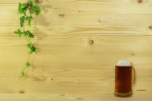 Branch of hops and glass of beer on background of wooden boards