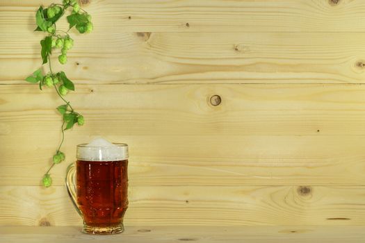 Branch of hops and glass of beer on background of wooden boards