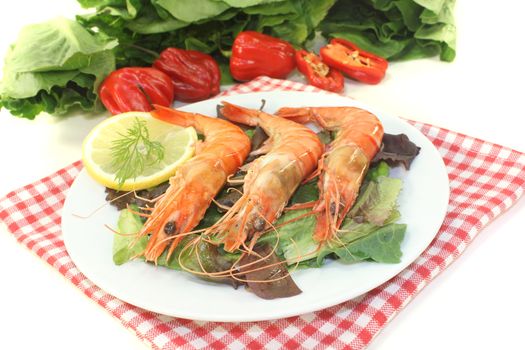 fresh prawns on salad with lemon and dill