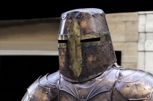 Close up view of a medieval knight armour.