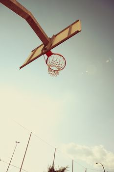  Basketball hoop against blue sky