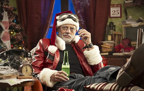 A Cheerful Bad Santa drinking beer and smoking cigarette