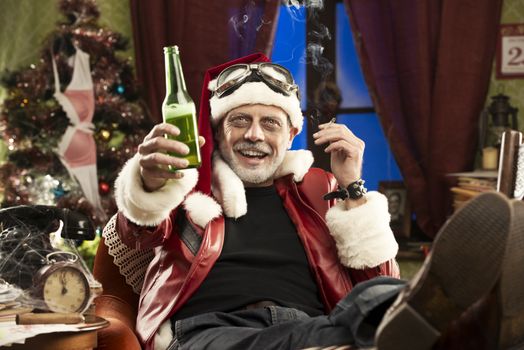 A Cheerful Bad Santa celebrating Christmas with beer and smoking cigarette