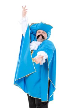 Cavalier gentleman in feathered cap and turquoise blue uniform of the cross, with over a rotund fat belly, isolated on white