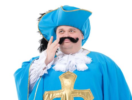 Cavalier gentleman in feathered cap and turquoise blue uniform of the cross, with over a rotund fat belly, isolated on white